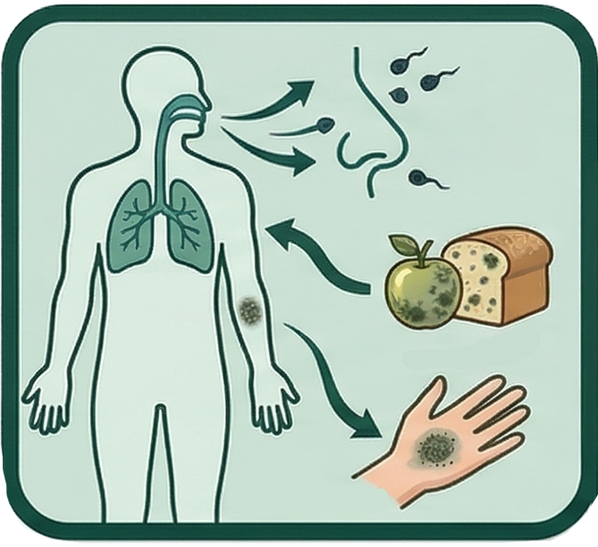 Infographic showing disease transmission: airborne germs reach the nose and mouth; germs on a hand can contaminate food (apple and bread).