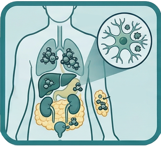 Medical illustration of a human torso showing organs with cancer cell clusters in lungs, liver, and intestines; magnified cancer cells in arm area.