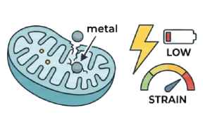 Illustration of a mitochondrion with a lightning bolt icon labeled 'LOW' and a strain gauge showing a green (low) strain level, indicating low energy and low strain.
