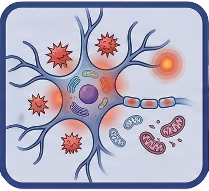 Illustration of a neuron with branching dendrites, glowing signal points, mitochondria, and myelinated axon segments to show neural activity.