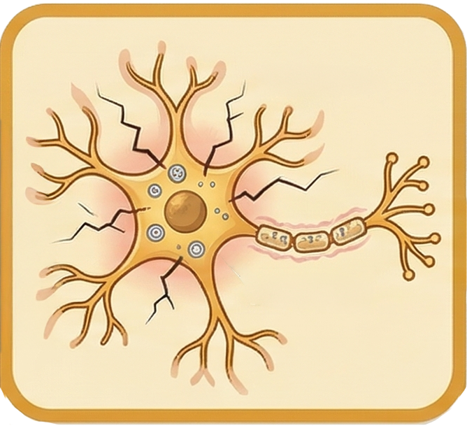 Illustration of a neuron with many dendrites and an axon wrapped in myelin sheaths?