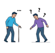 Two men in casual clothes; the left man uses a white cane for support while the right man stands on a balance board or platform.