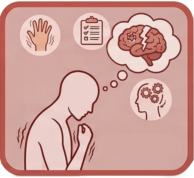 Person in a contemplative pose with thought bubbles showing a brain, gears, and a checklist to symbolize mental health and cognitive focus.